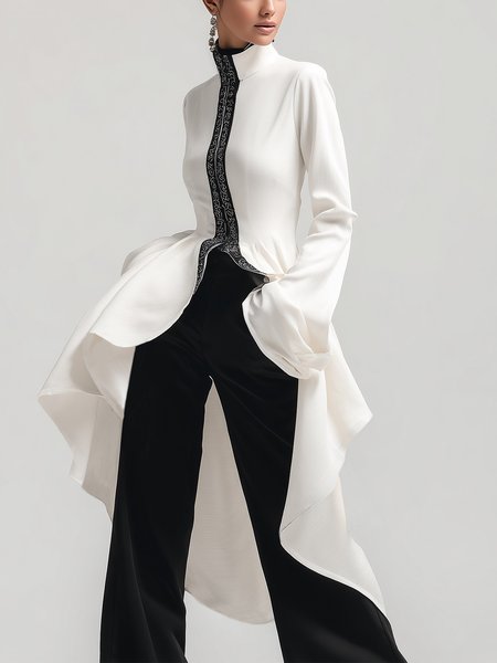 

Cotton Urban Color Block Split Joint Stand Collar Bell Sleeve Blouse, White, Blouses and Shirts