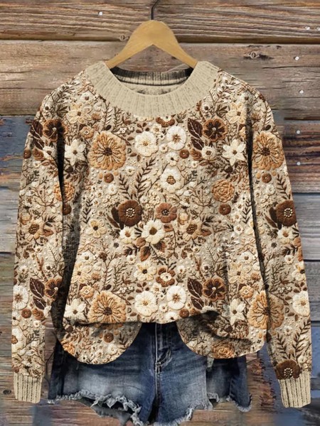 

Women Floral Printing Spring/Fall Casual Long Sleeve Crew Neck Knitted Sweater, Khaki, Sweaters
