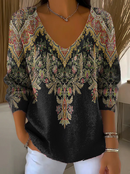 

Women Floral Long Sleeve Tee T-shirt V Neck Printing Casual Spring/Fall Top, Black, T-Shirts
