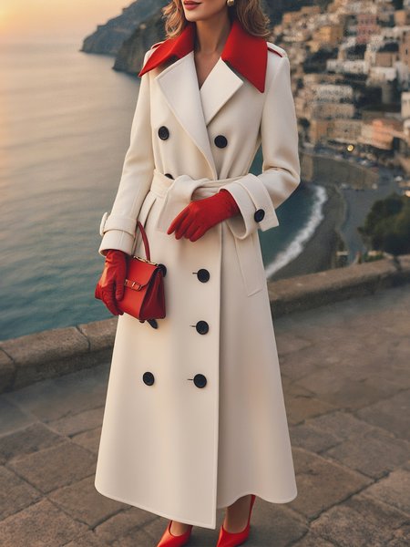 

Elegant Buttoned Color Block Lapel Collar Coat With Belt, White, Coats