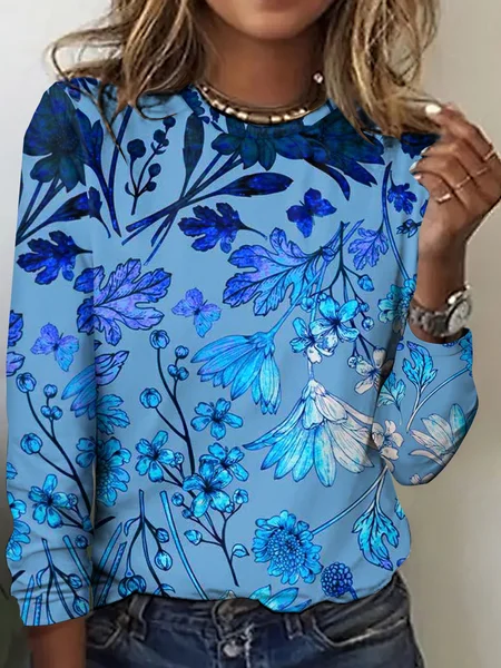 

Vintage Floral Crew Neck Long Sleeve T-shirt, Blue, T-shirts