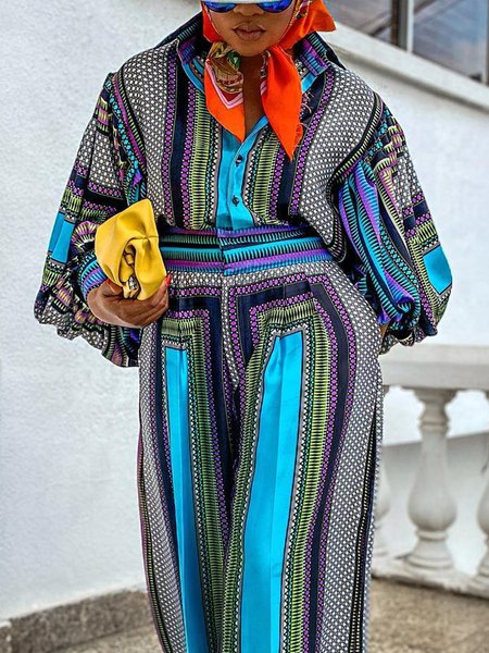 

Casual Abstract Graphic Printing Shirt Collar Balloon Sleeve Shirt, As picture, Blouses and Shirts