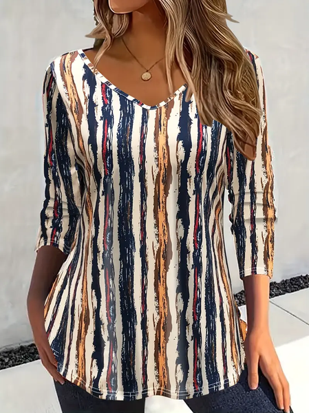 Women Striped Long Sleeve Tee T-shirt V Neck Printing Casual Spring/Fall Graphic Tee Top