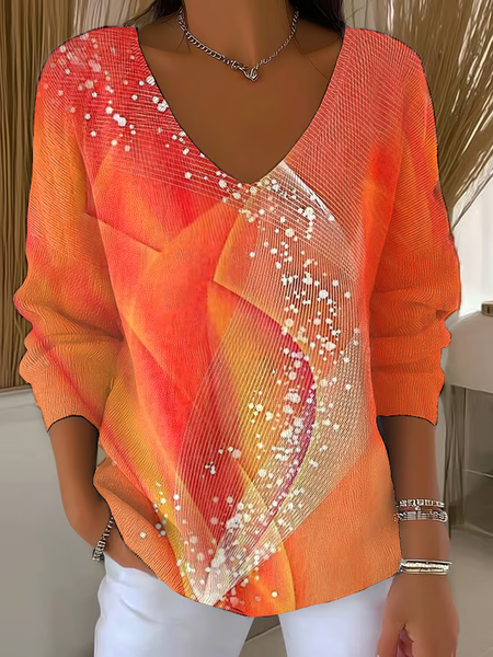 

Women Abstract Long Sleeve Tee T-shirt V Neck Printing Casual Spring/Fall Top, Orange, T-Shirts