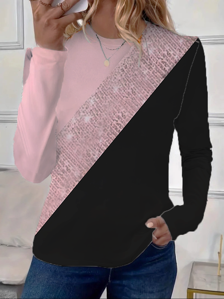 

Women Multicolor Block Long Sleeve Tee T-shirt Crew Neck Printing Casual Spring/Fall Graphic Tee Top, Pink, T-Shirts