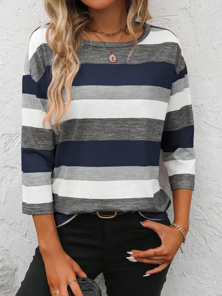 

Women Striped Three Quarter Sleeve Tee T-shirt Crew Neck Casual Spring/Fall Graphic Tee Top, As picture, T-Shirts
