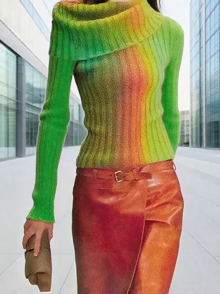 Casual Gradient Pattern Printing Shawl Collar Sweater