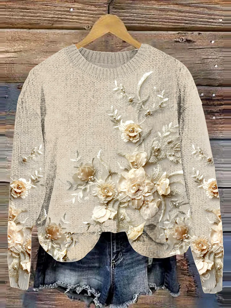

Women Floral Printing Spring/Fall Casual Long Sleeve Crew Neck Knitted Sweater, Apricot, Sweaters