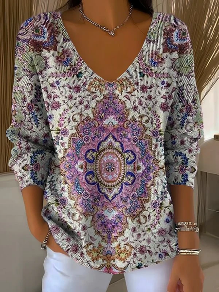 

Women Ethnic Long Sleeve Tee T-shirt V Neck Printing Casual Spring/Fall Top, Purple, T-Shirts