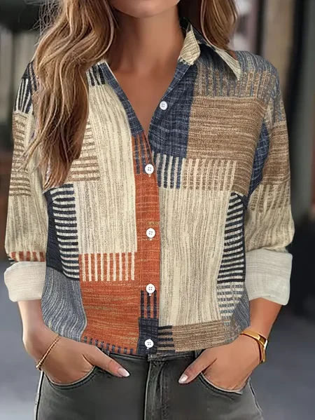 

Women Abstract Long Sleeve Shirt Spring/Fall Buckle Shirt Collar Regular Sleeve Daily Casual Top, As picture, Shirts