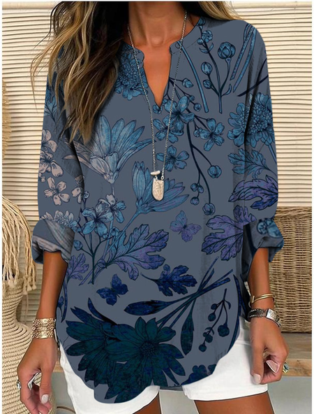 

Shawl Collar Half Sleeve Floral Regular Loose Blouse For Women, Dark blue, Blouses