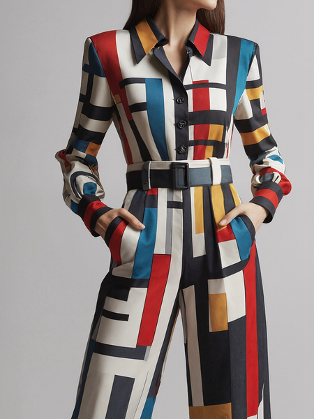 

Urban Geometric Printing Shirt Collar Shirt, As picture, Blouses and Shirts
