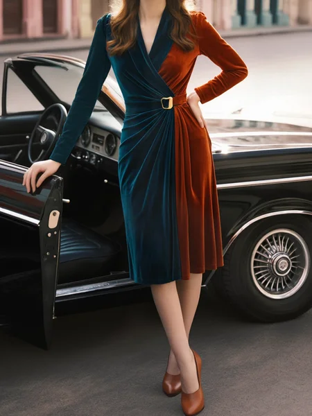 Elegant Color Block Split Joint Shawl Collar Midi Dress