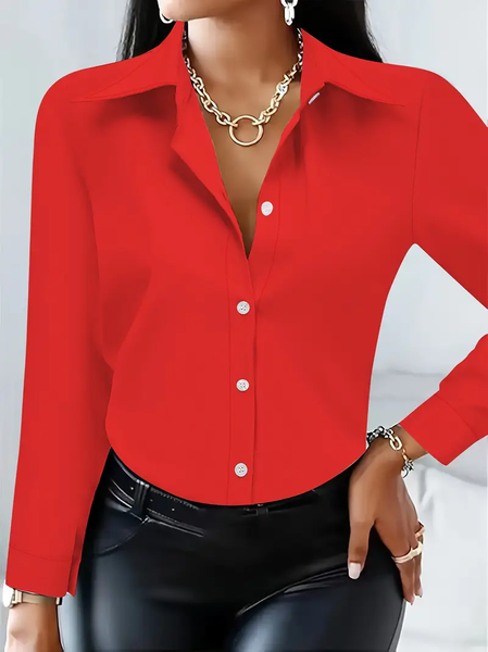 

Women Plain Long Sleeve Shirt Spring/Fall Buckle Shirt Collar Regular Sleeve Daily Casual Top, Red, Shirts