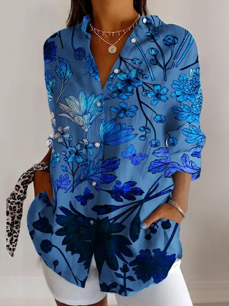 

V Neck Long Sleeve Floral Regular Micro-Elasticity Regular Fit Shirt For Women, Blue, Shirts