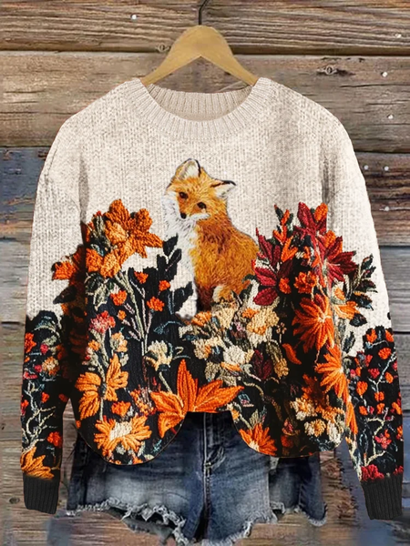 

Women Floral Printing Spring/Fall Casual Long Sleeve Crew Neck Knitted Sweater, Apricot, Sweaters