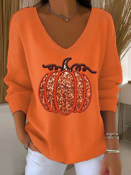 

Women Halloween (pumpkin) Long Sleeve Tee T-shirt V Neck Printing Casual Spring/Fall Top, Orange, T-Shirts