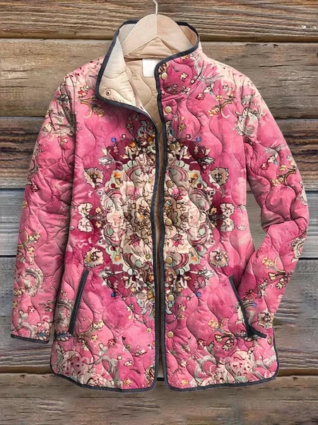 

Women's Vintage Printing Winter Floral Stand Collar Padded Parka, Pink, Coats