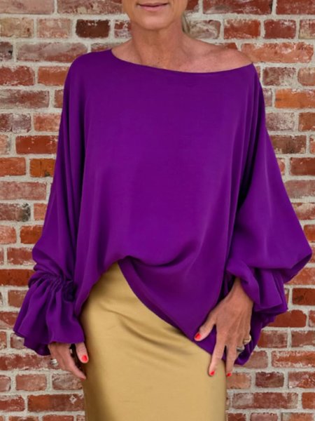 

Urban Plain Peplum Crew Neck Raglan Sleeves Blouse, Purple, Blouses and Shirts