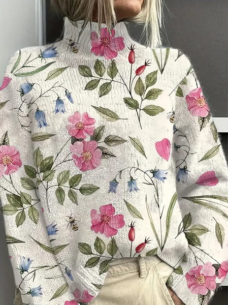 

Women Floral Printing Spring/Fall Vintage Long Sleeve Turtleneck Sweater, Apricot, Sweaters