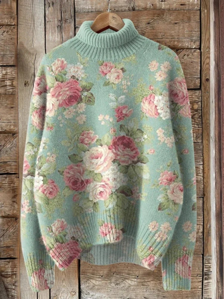 

Women Floral Printing Spring/Fall Vintage Long Sleeve Turtleneck Sweater, Green, Sweaters
