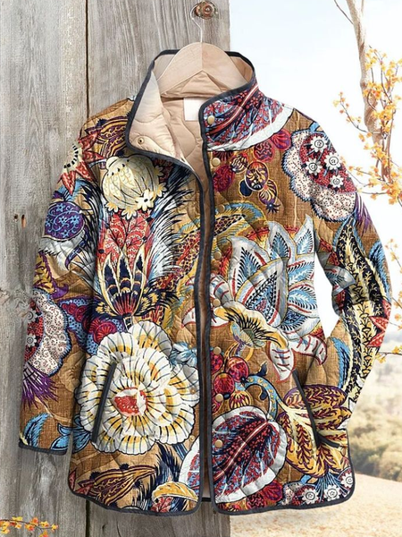 

Women's Vintage Printing Winter Floral Stand Collar Padded Parka, As picture, Coats