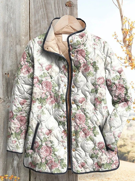 

Women's Vintage Printing Winter Floral Stand Collar Padded Parka, White, Coats