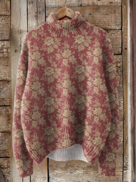 

Women Floral Printing Spring/Fall Vintage Long Sleeve Turtleneck Sweater, Red, Sweaters