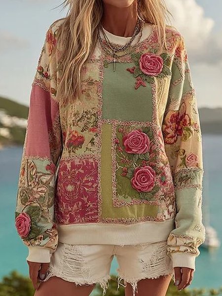 

Casual Crew Neck Floral Sweatshirt, Flower, Hoodies & Sweatshirts