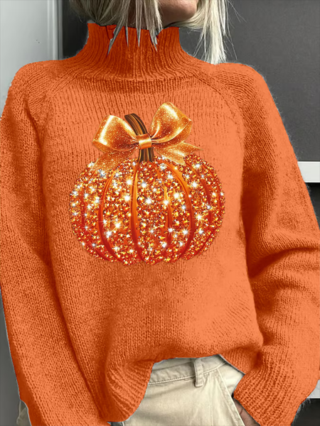 

Women Halloween (pumpkin) Printing Spring/Fall Vintage Long Sleeve Turtleneck Sweater, Orange, Sweaters