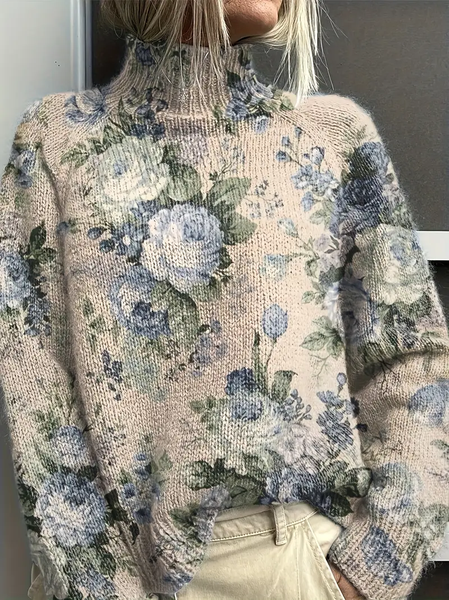 

Women Floral Printing Spring/Fall Vintage Long Sleeve Turtleneck Sweater, Apricot, Sweaters