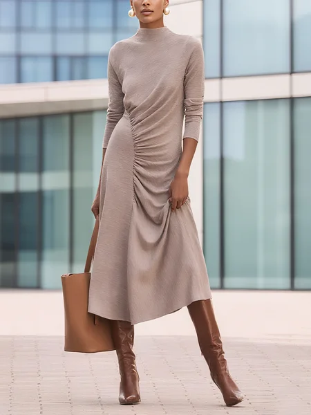 Casual Plain Ruched Mock Neck Midi Dress