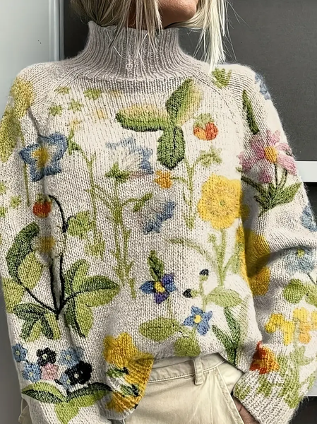 

Women Floral Printing Spring/Fall Vintage Long Sleeve Turtleneck Sweater, Apricot, Sweaters