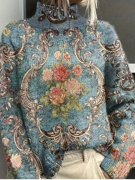 

Women Floral Printing Spring/Fall Vintage Long Sleeve Turtleneck Sweater, Blue, Sweaters
