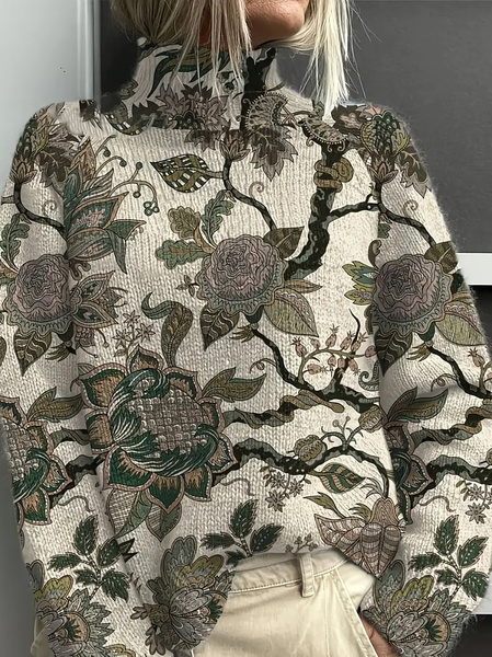 

Women Floral Printing Spring/Fall Vintage Long Sleeve Turtleneck Sweater, As picture, Sweaters