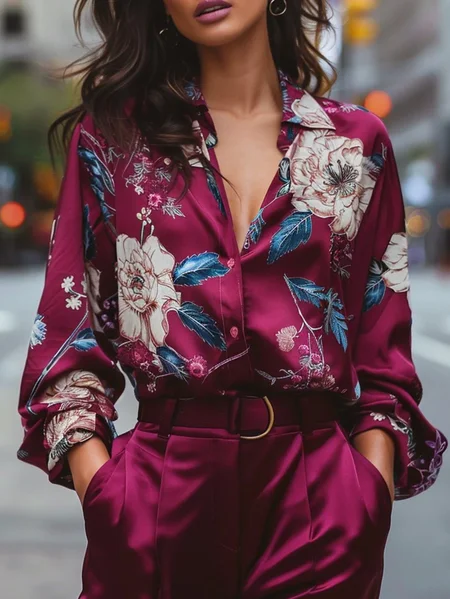 

Urban Floral Printing Shirt Collar Shirt, As picture, Blouses and Shirts