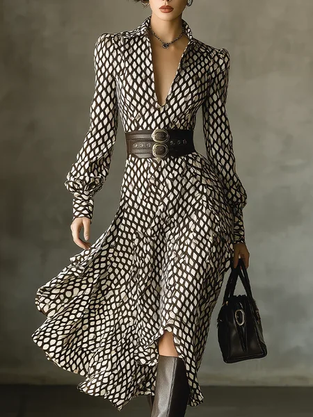 Urban Plaid Balloon Midi Dress With Belt