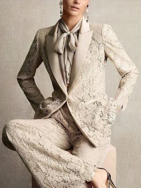 Elegant  Lace Plain Lapel Collar Blazer