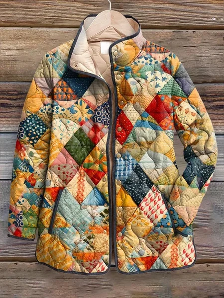 

Women's Vintage Printing Winter Abstract Stand Collar Padded Parka, As picture, Coats