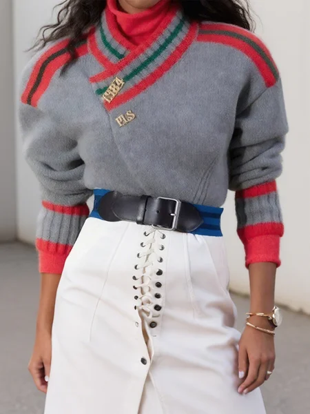 Casual Color Block Cross Neck Raglan Sleeve Sweater
