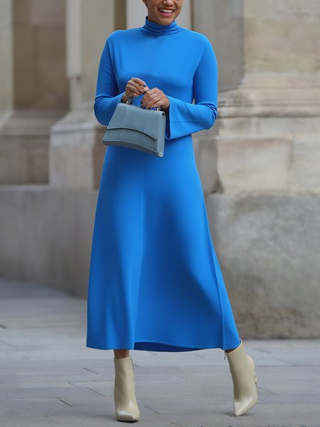 Casual Plain Bell Sleeve Mock Neck Midi Dress