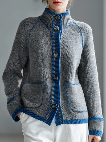 

Casual Color Block Mock Neck Sweater Cardigan, Gray, Cardigans