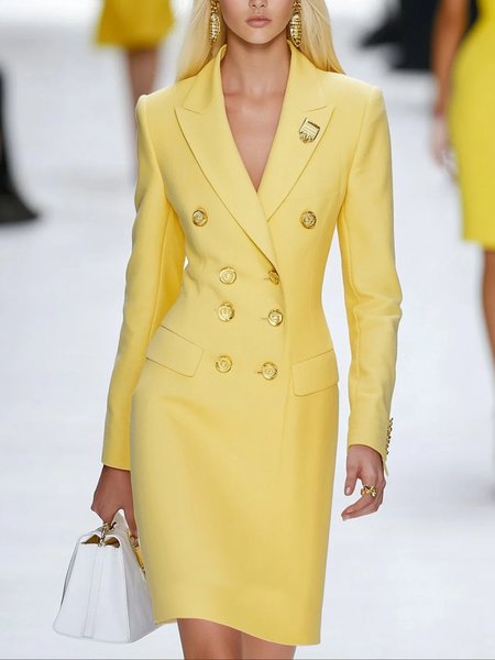 Urban Plain Buttoned Lapel Collar Knee Length Dress