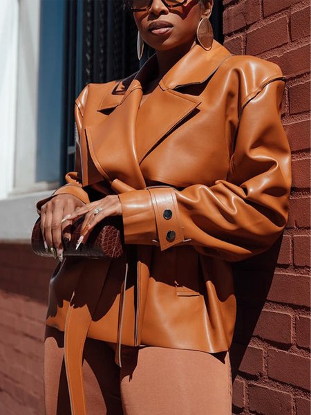 Urban Plain Lapel Collar Faux Leather Coat With Belt