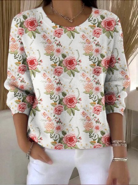 

Women Cotton Floral Long Sleeve Comfy Vintage Sweater, Off white, Sweaters