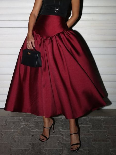 Elegant Ruched Plain Midi Skirt