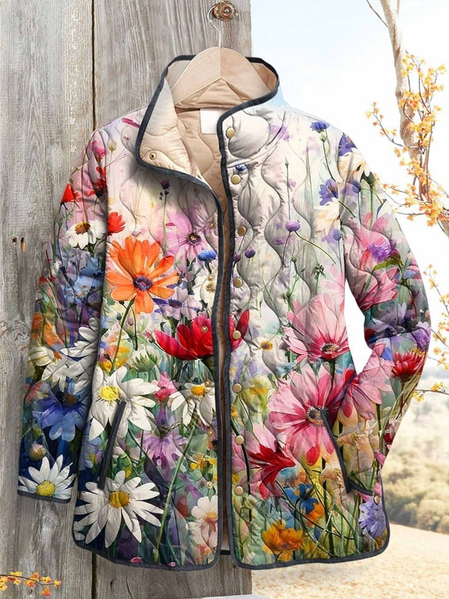 

Women's Vintage Printing Winter Floral Stand Collar Padded Parka, As picture, Coats