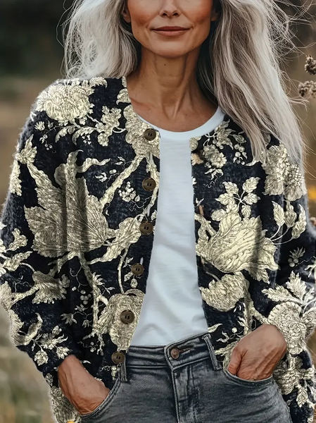 

Women Floral Vintage Spring/Fall Printing Cardigan, Black, Cardigans