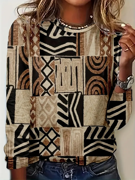 

Women Abstract Long Sleeve Tee T-shirt Crew Neck Printing Casual Spring/Fall Graphic Tee Top, Brown, T-Shirts