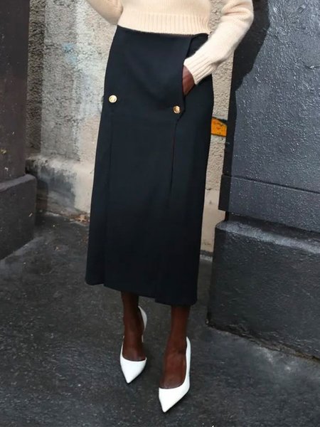 

Urban Buttoned Plain Midi Skirt, Black, Skirts